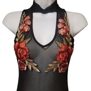 Bear Dance Sheer And Floral Pink Rose Black Body Suit Sleeveless Tank Size Small